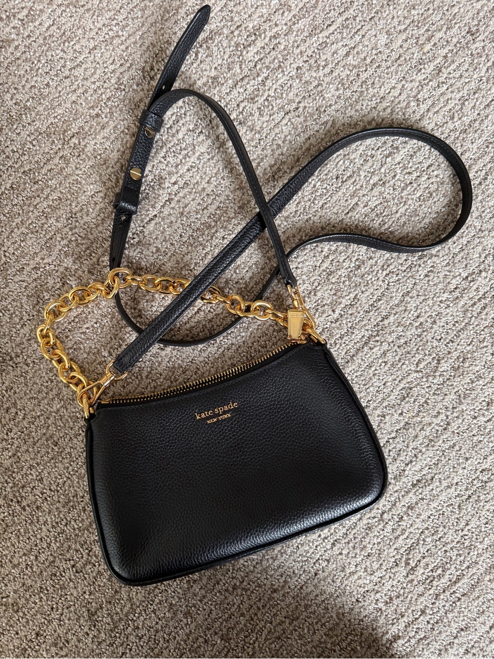 kate spade Black Pebbled Leather Crossbody with Gold Chain